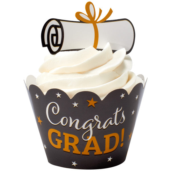 Create celebration cupcakes with reversible treat wraps! Includes reversible graduation themed wraps with matching cupcake toppers